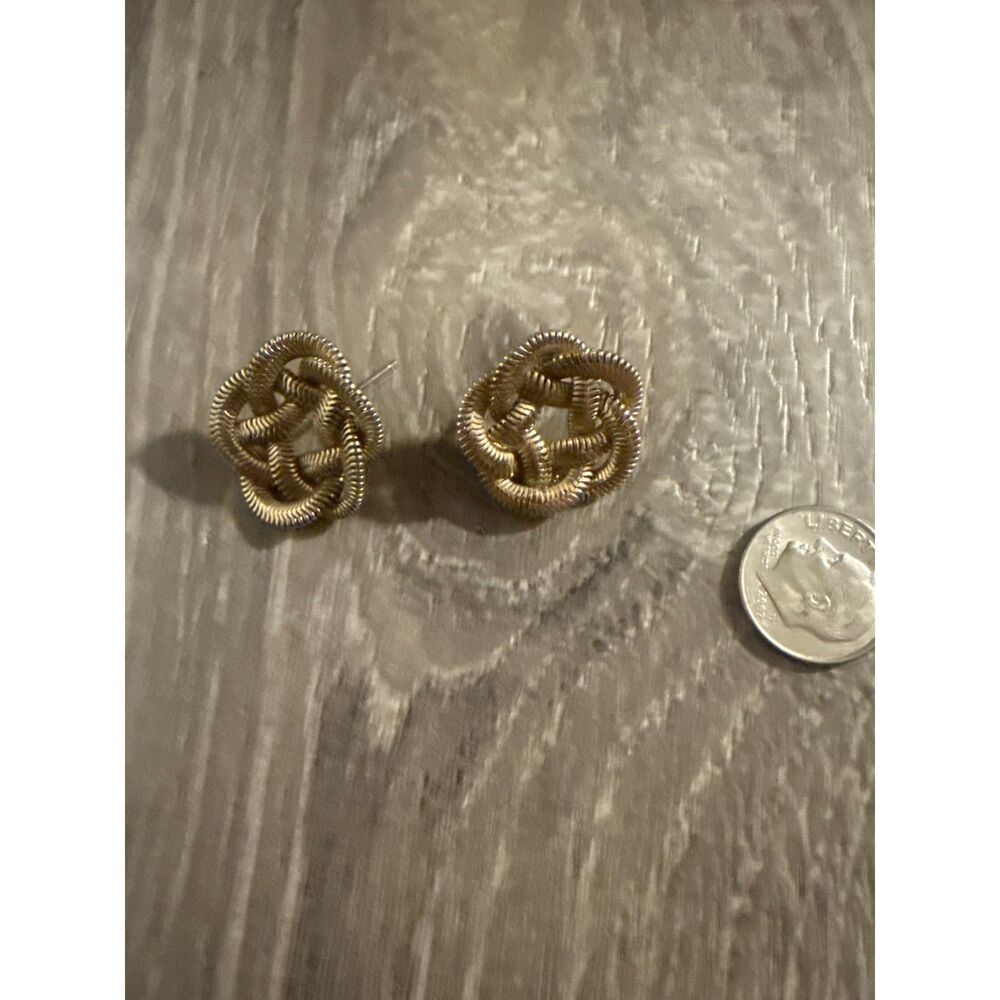 Vintage Gold Tone Coiled Wire Woven Love Knot Stud Earrings Textured 80s 90s